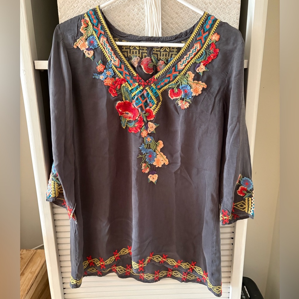 Johnny Was Charcoal Embroidered V-Neck Tunic with Multicolor Floral Accents